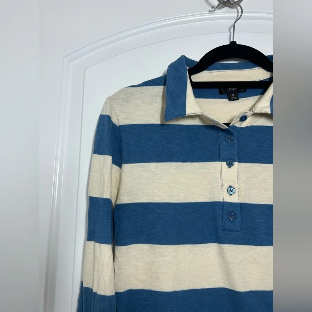 J Crew Blue Striped Long Sleeve Polo Rugby Shirt Size S Preppy Retro Academia